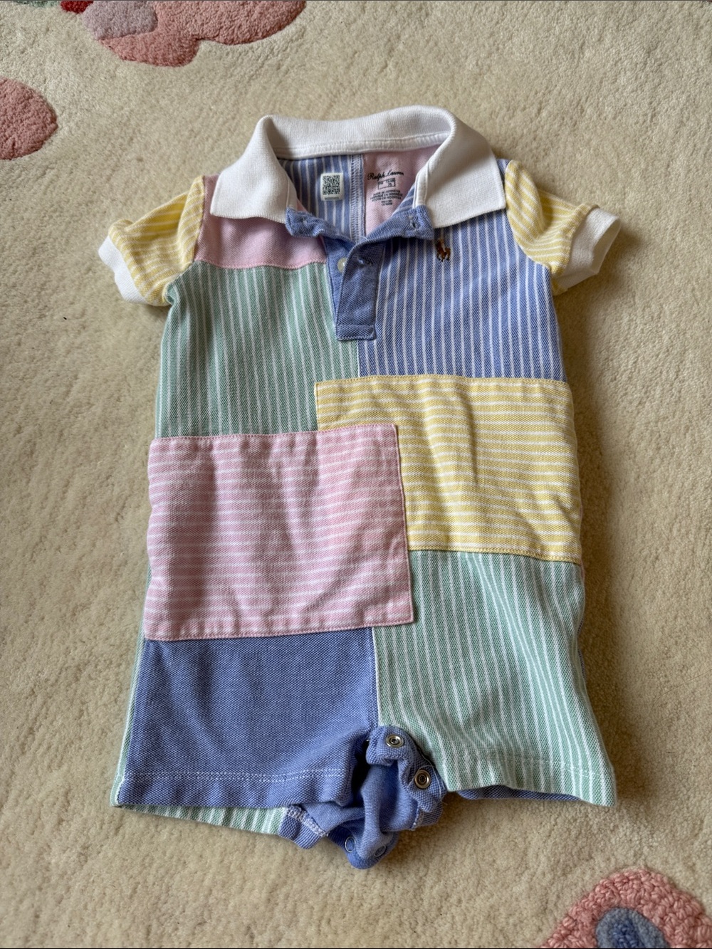 Ralph Lauren Pastel Patchwork Polo Romper - Blue Pink Yellow Mint